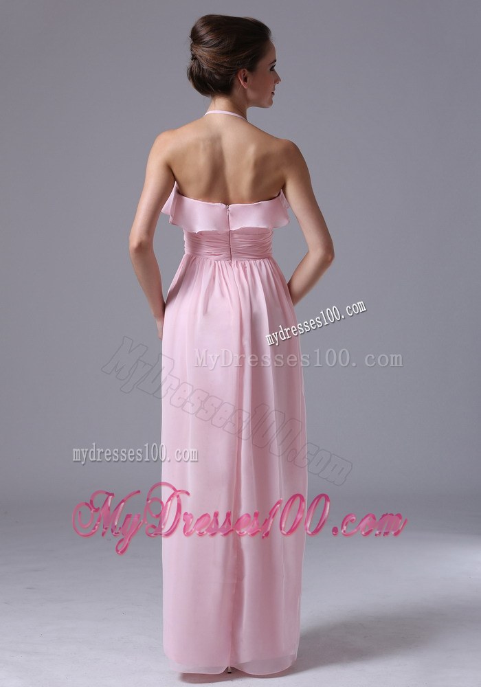 Halter Pink Chiffon Column 2013 Bridesmaid Dress With Ruche