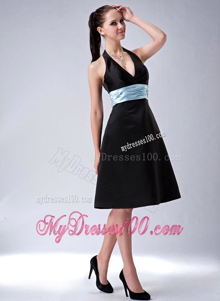 Custom Made Black A-line Halter Bridesmaid Dress with Blue Belt