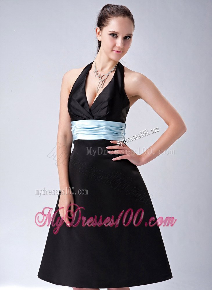 Custom Made Black A-line Halter Bridesmaid Dress with Blue Belt