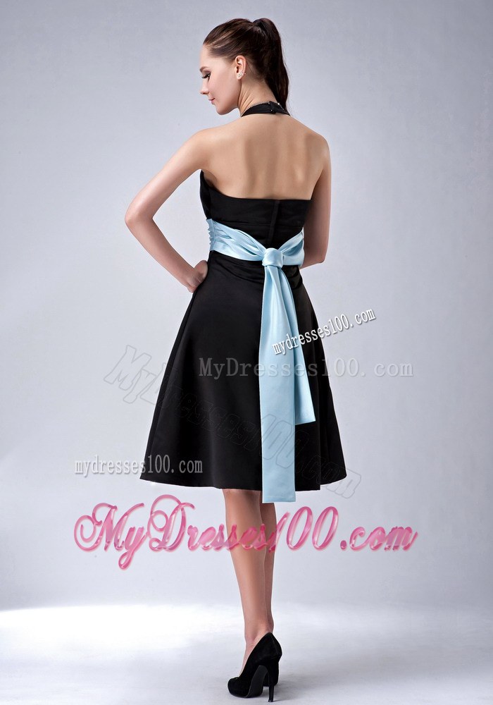 Custom Made Black A-line Halter Bridesmaid Dress with Blue Belt
