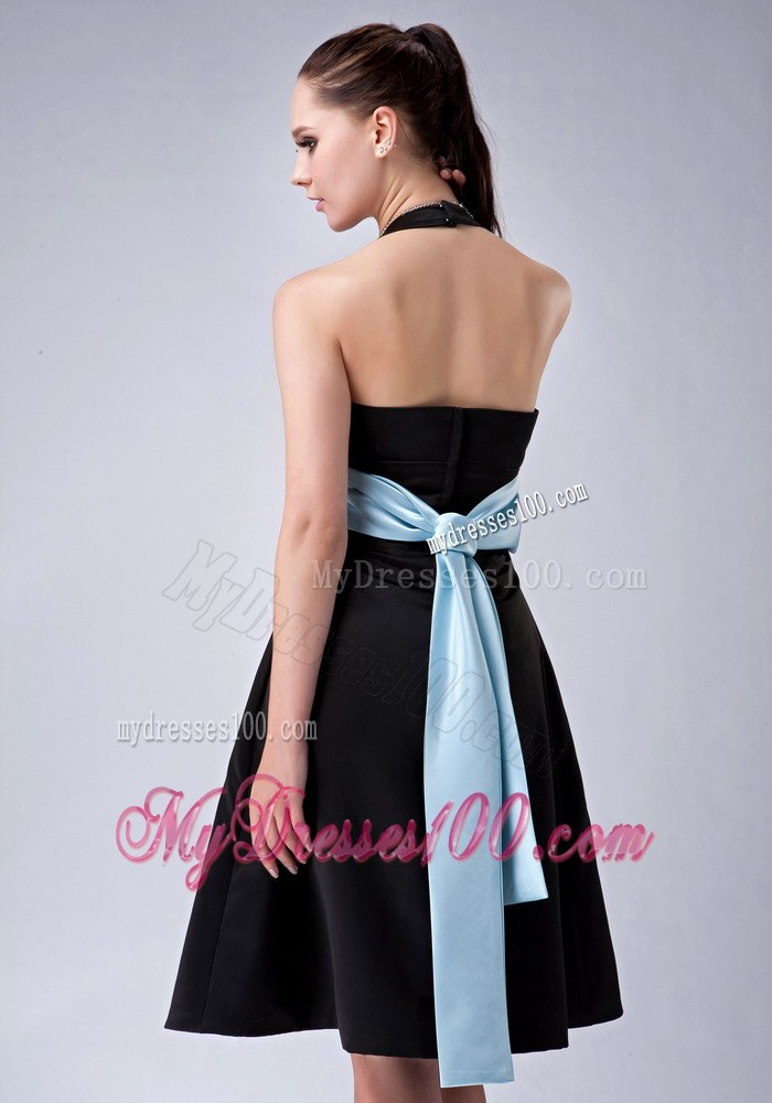 Custom Made Black A-line Halter Bridesmaid Dress with Blue Belt