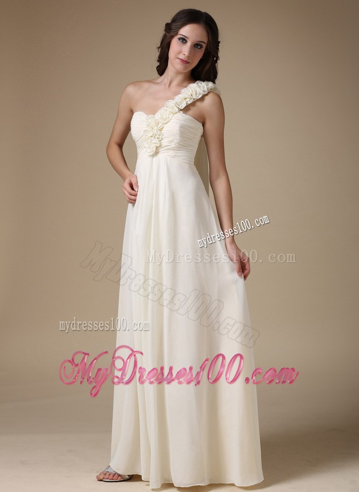 White Empire One Shoulder Low Cost Bridesmaid Dress with Flower