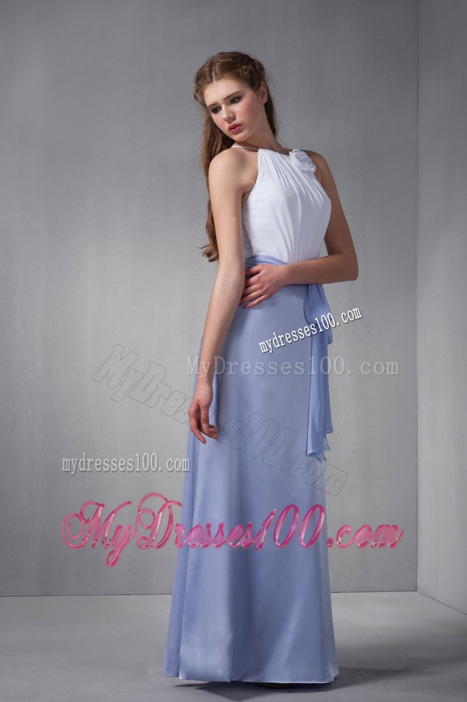 White and Lilac Scoop Chiffon Bridemaid Dress with Belt for Cheap