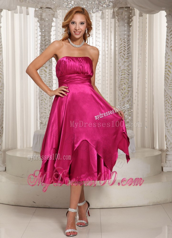 2013 New Style Ruched Tea-length Bridesmaid Dress in Hot Pink