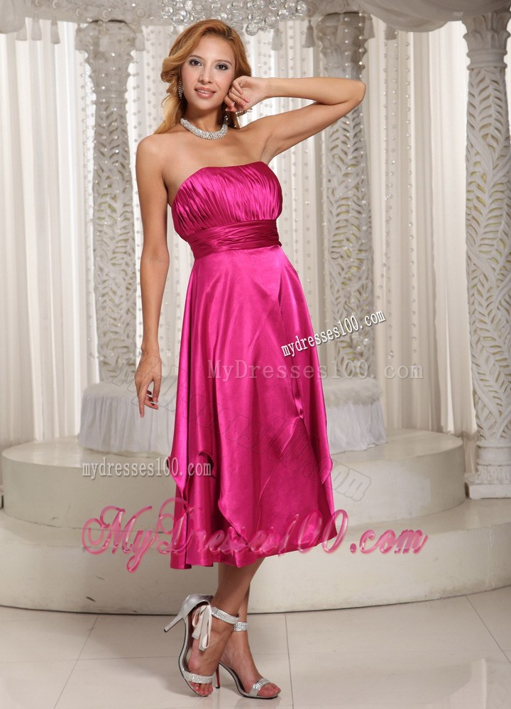 2013 New Style Ruched Tea-length Bridesmaid Dress in Hot Pink