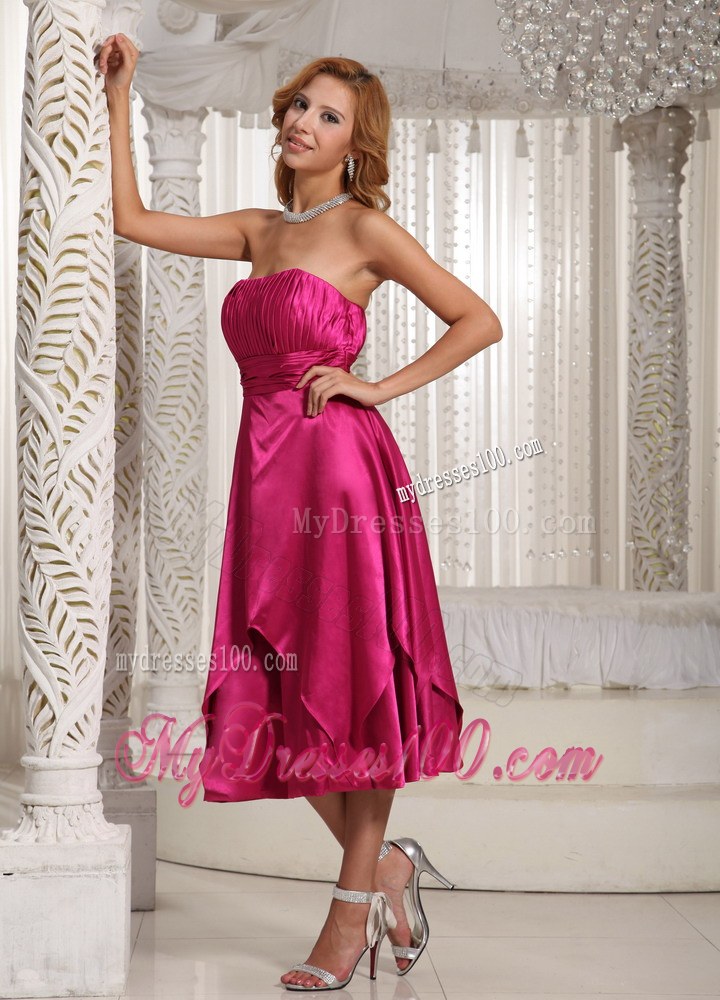 2013 New Style Ruched Tea-length Bridesmaid Dress in Hot Pink