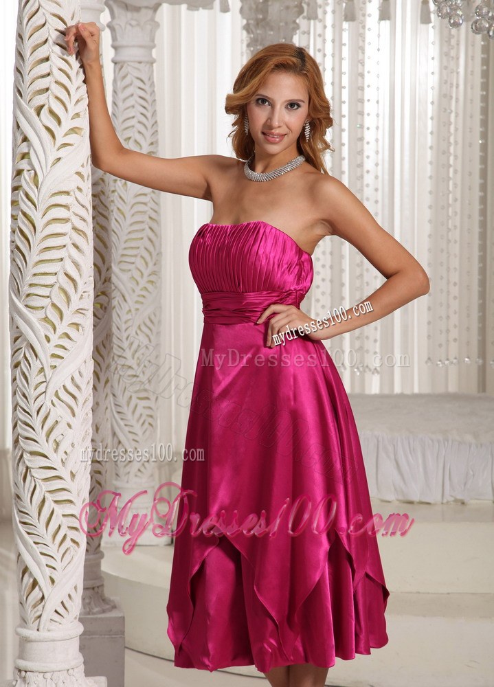 2013 New Style Ruched Tea-length Bridesmaid Dress in Hot Pink