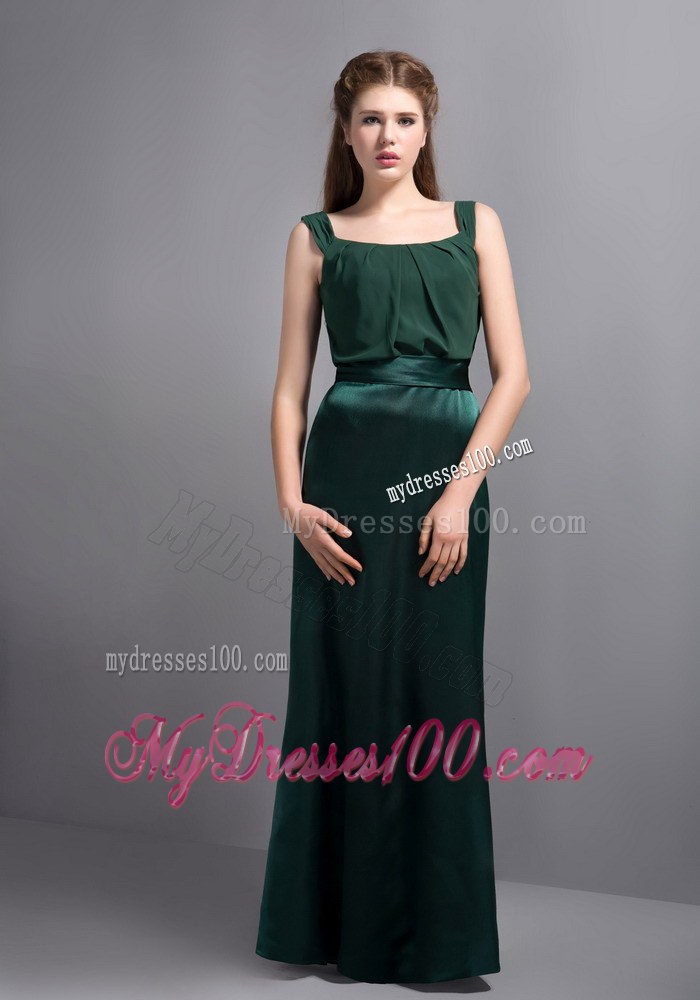 Square Olive Green Straps Column Long Dresses For Bridesmaid