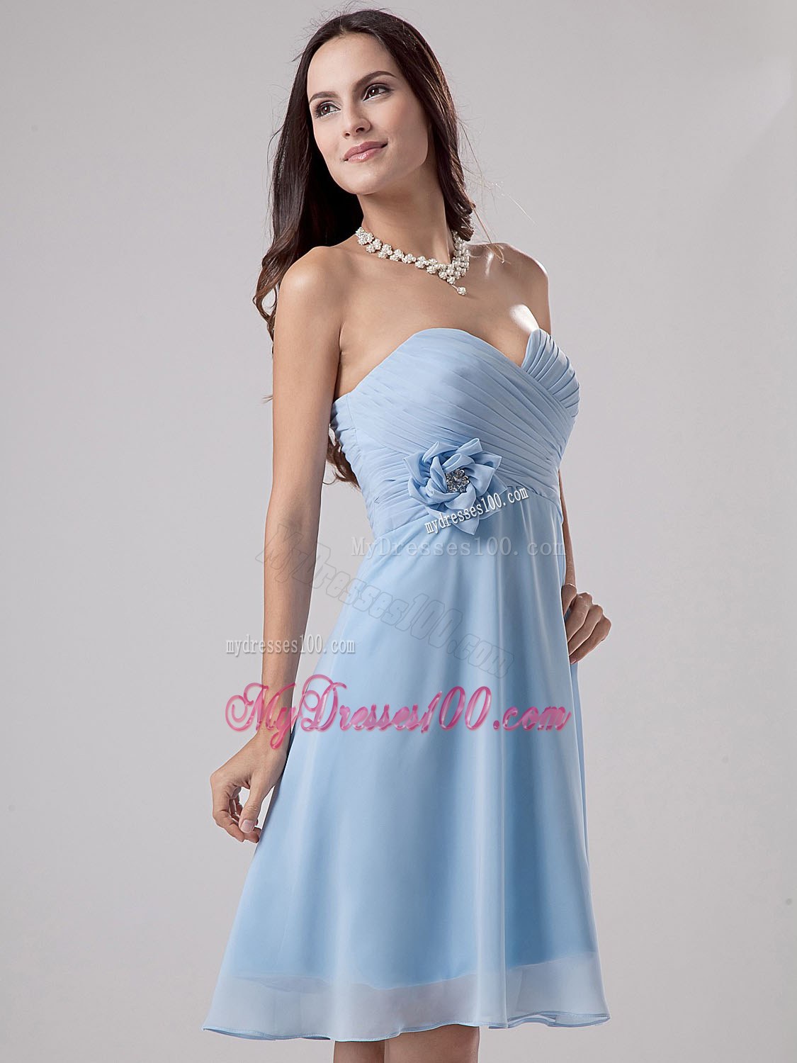 Light Blue Bridesmaid Dress With Hand Made Flower and Ruche