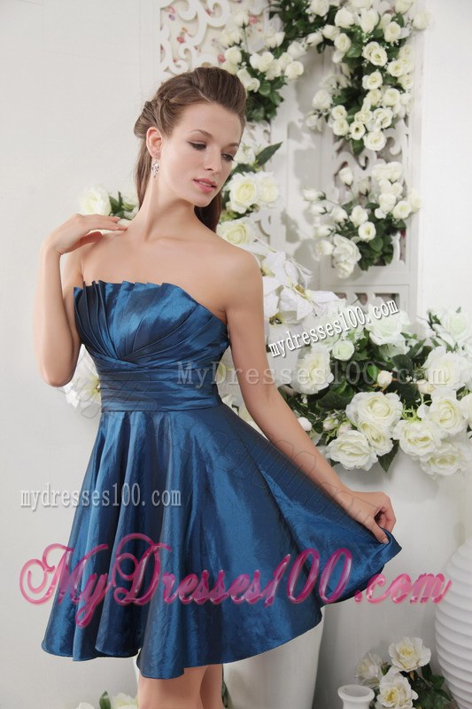 Navy Blue A-line Strapless Ruche Bridesmaid Dress Short Style