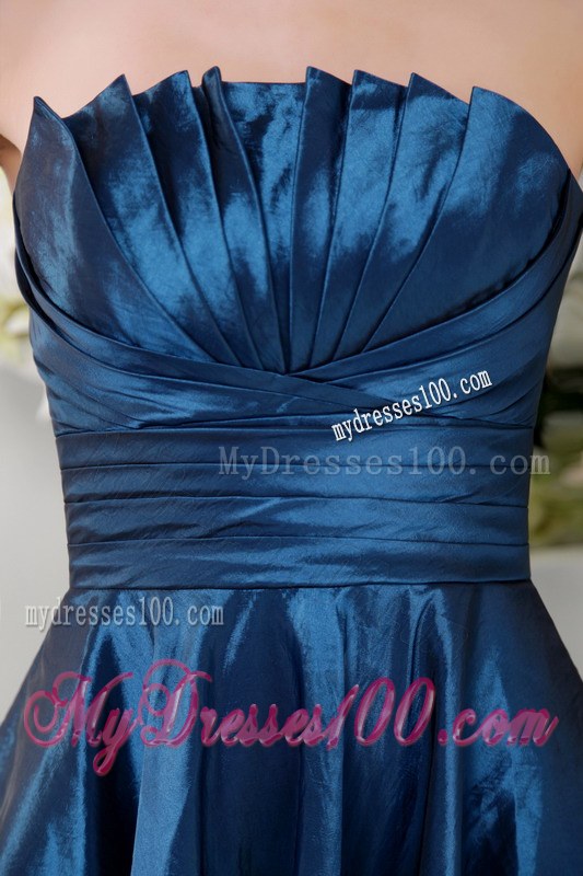 Navy Blue A-line Strapless Ruche Bridesmaid Dress Short Style