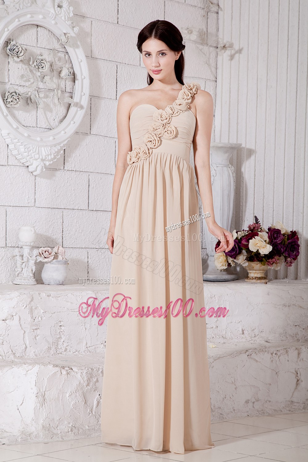 Champagne Empire One Shoulder Bridesmaid Dress Flowers Decorate
