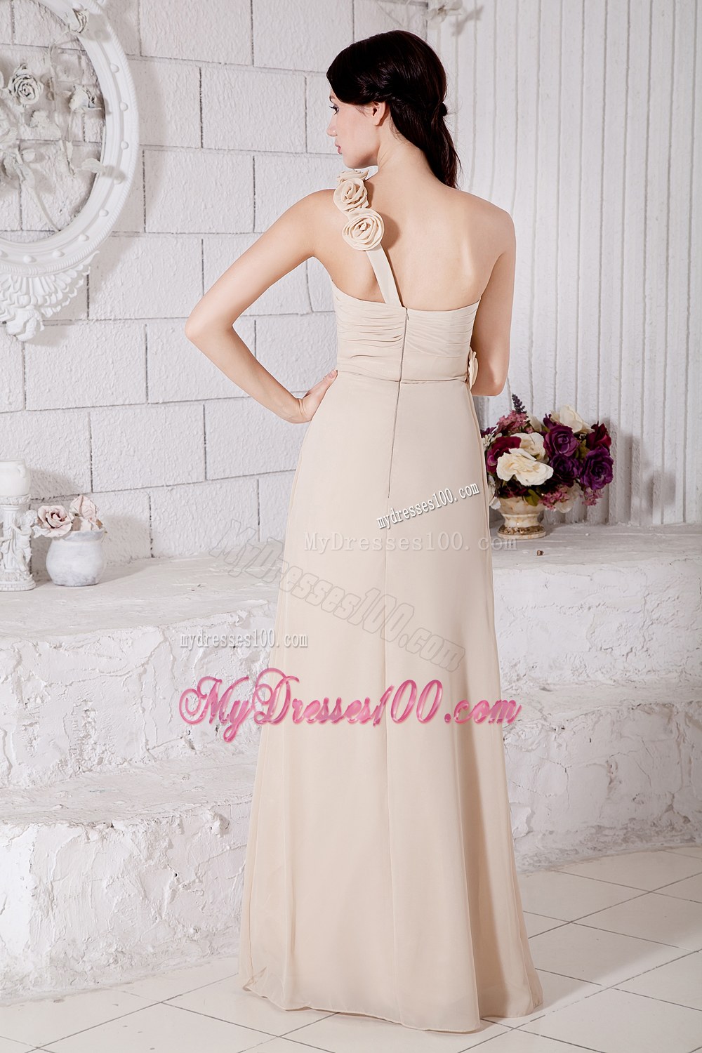 Champagne Empire One Shoulder Bridesmaid Dress Flowers Decorate