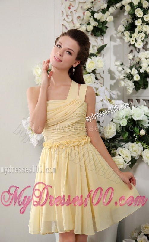 Light Yellow One Shoulder Pleat Decorate Dress for Bridesmaid