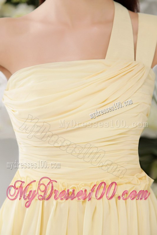 Light Yellow One Shoulder Pleat Decorate Dress for Bridesmaid