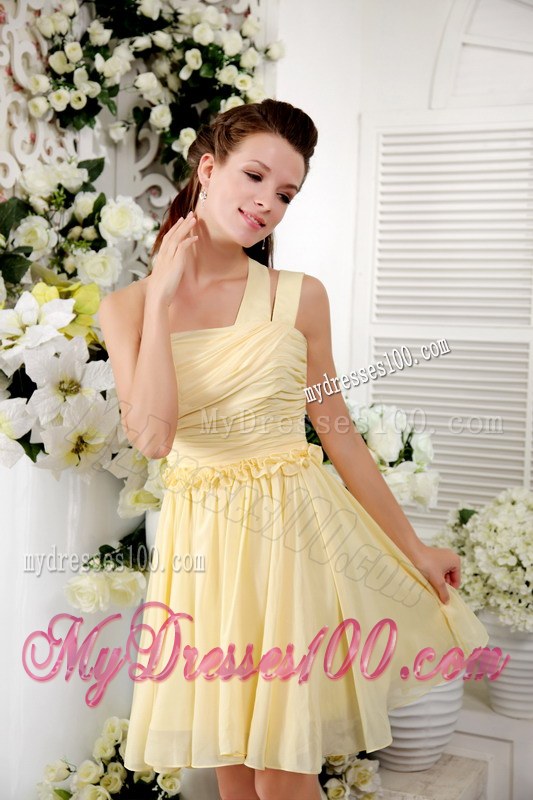 Light Yellow One Shoulder Pleat Decorate Dress for Bridesmaid