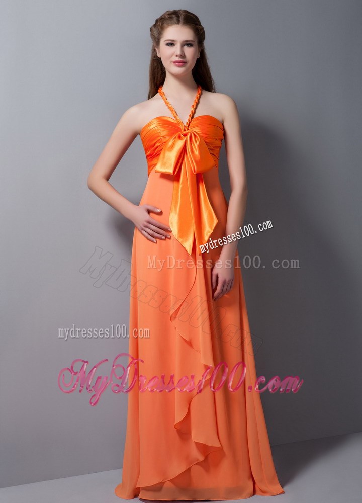 Customize Orange Red Halter Ruched Bridesmaid Dress in Empire