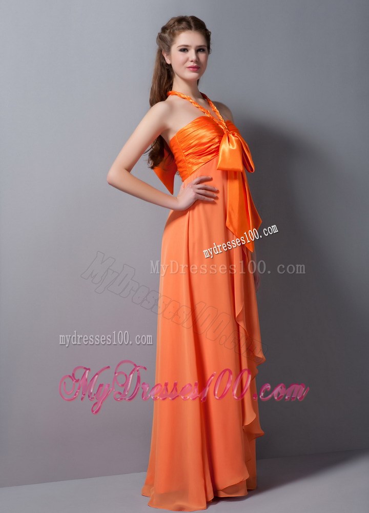 Customize Orange Red Halter Ruched Bridesmaid Dress in Empire