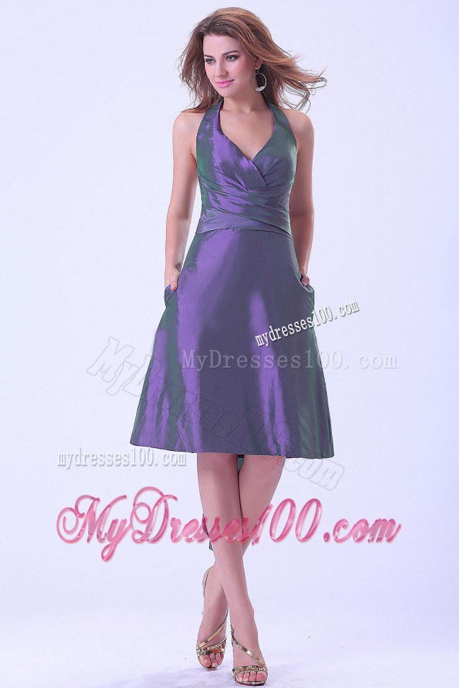 A-line Halter Purple Knee-length Taffeta Bridemaids Dress with Ruching