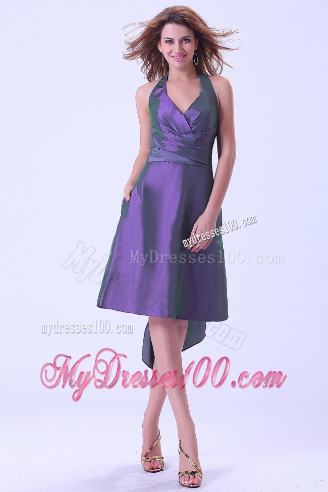 A-line Halter Purple Knee-length Taffeta Bridemaids Dress with Ruching