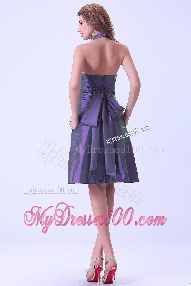 A-line Halter Purple Knee-length Taffeta Bridemaids Dress with Ruching