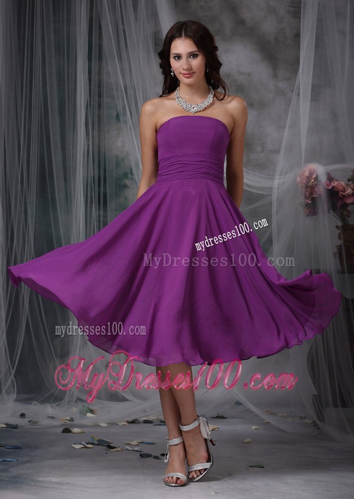 Purple Empire Chiffon Ruched Bridesmaid Dress in Tea-length