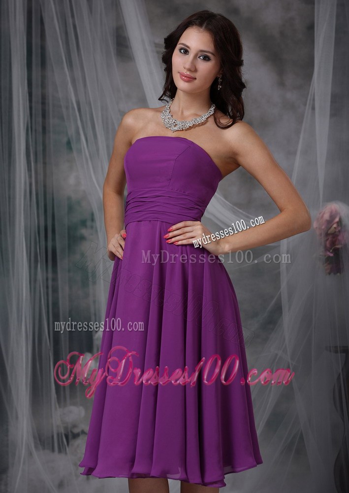 Purple Empire Chiffon Ruched Bridesmaid Dress in Tea-length