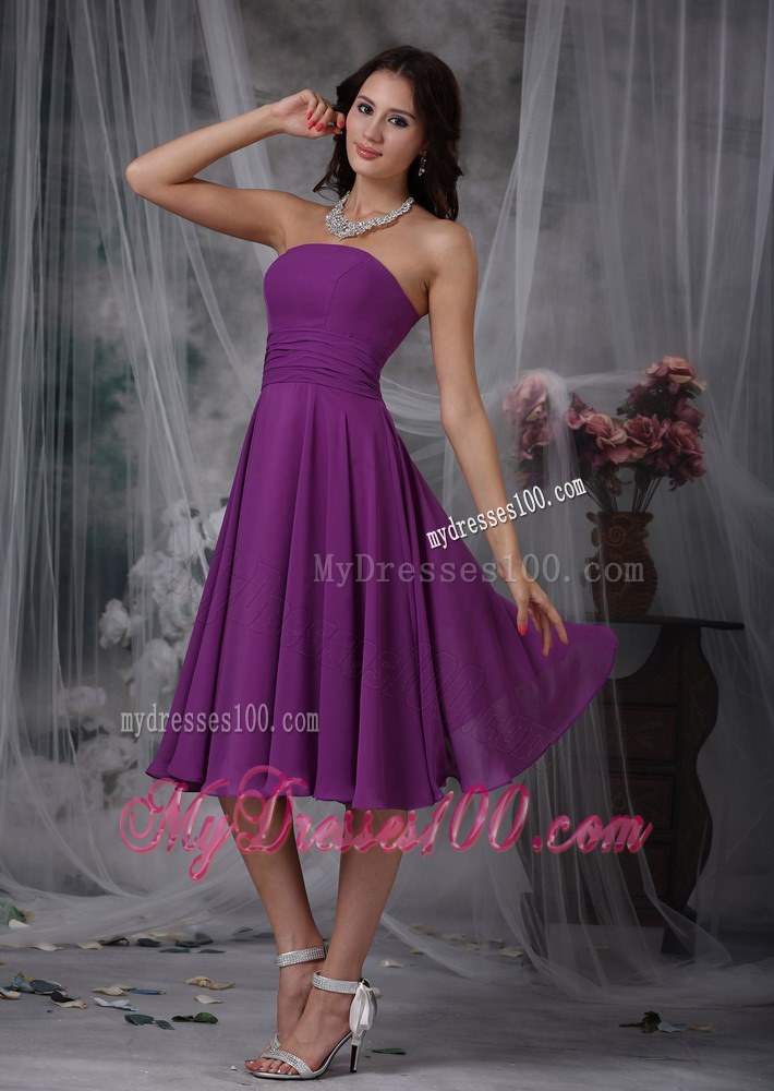 Purple Empire Chiffon Ruched Bridesmaid Dress in Tea-length