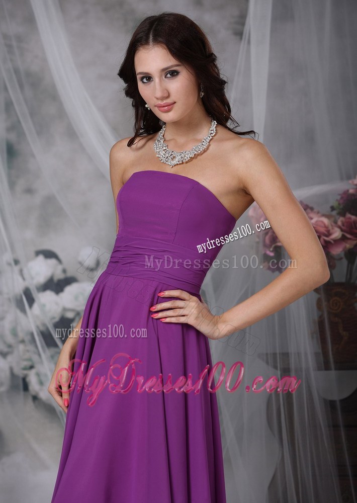 Purple Empire Chiffon Ruched Bridesmaid Dress in Tea-length