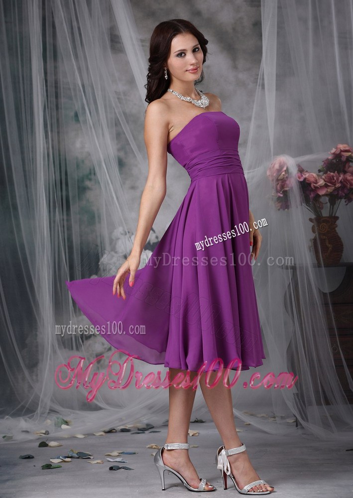 Purple Empire Chiffon Ruched Bridesmaid Dress in Tea-length