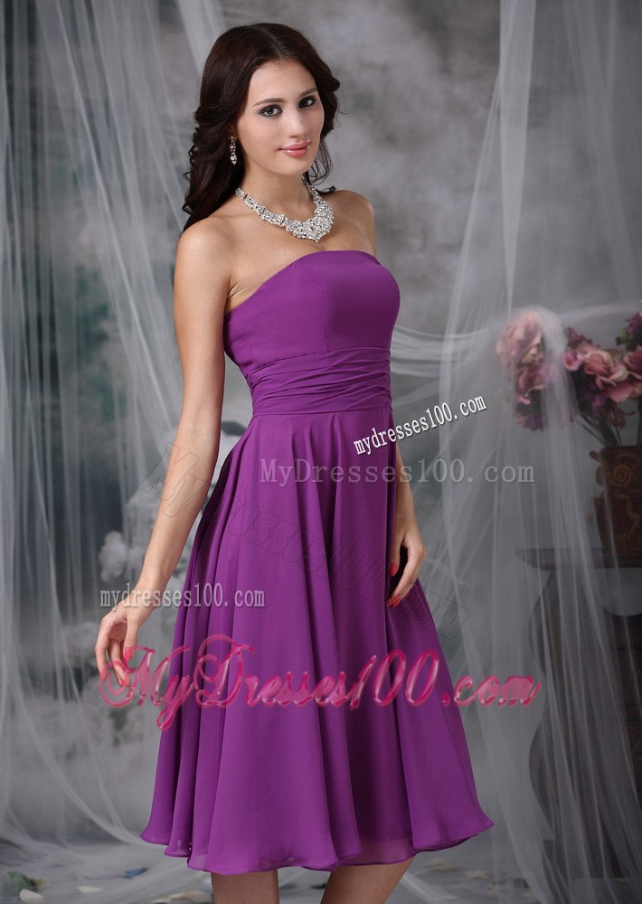 Purple Empire Chiffon Ruched Bridesmaid Dress in Tea-length