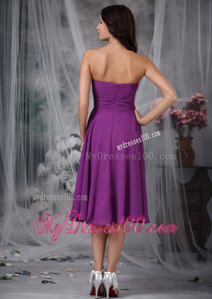 Purple Empire Chiffon Ruched Bridesmaid Dress in Tea-length