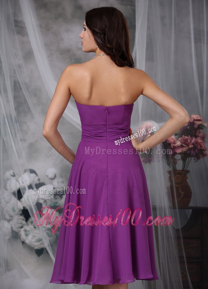 Purple Empire Chiffon Ruched Bridesmaid Dress in Tea-length