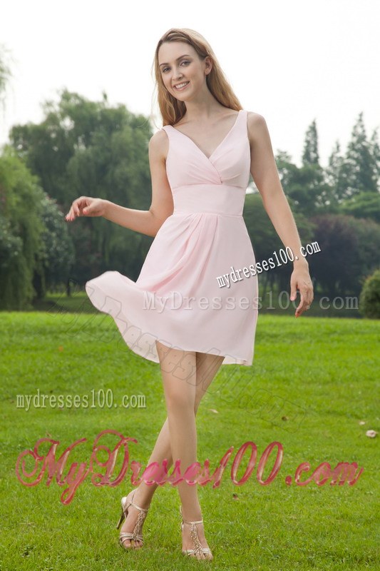 Baby Pink Empire V-neck Ruched Mini-length Bridesmaid Dress
