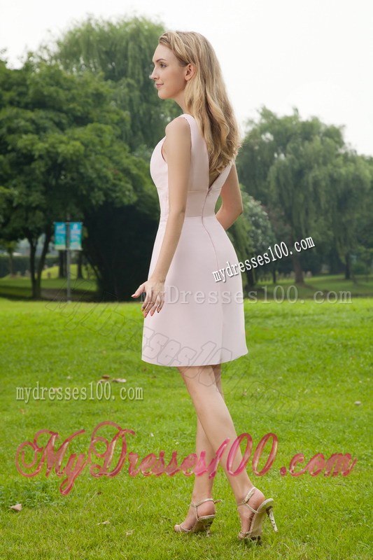 Baby Pink Empire V-neck Ruched Mini-length Bridesmaid Dress