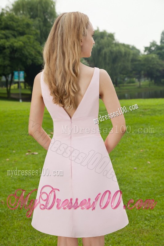 Baby Pink Empire V-neck Ruched Mini-length Bridesmaid Dress