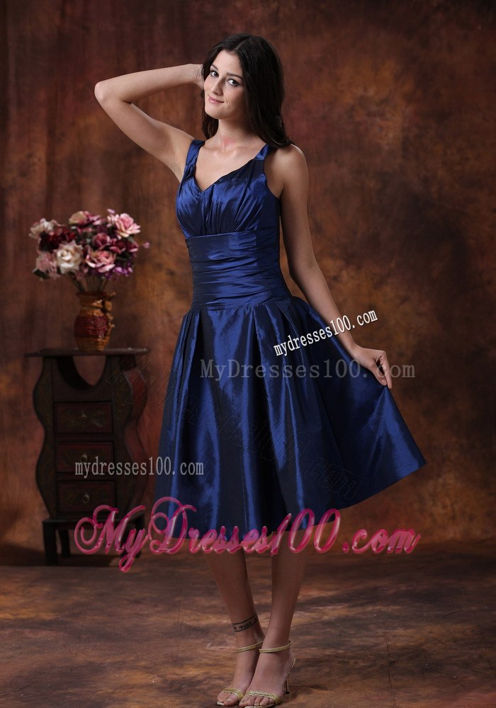 Royal Blue Bridesmaid Dress Clearances With V-neck Tea-length Style