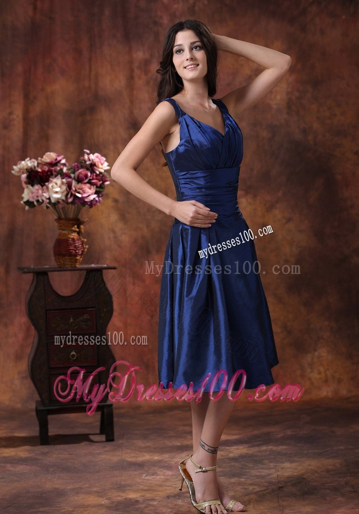 Royal Blue Bridesmaid Dress Clearances With V-neck Tea-length Style