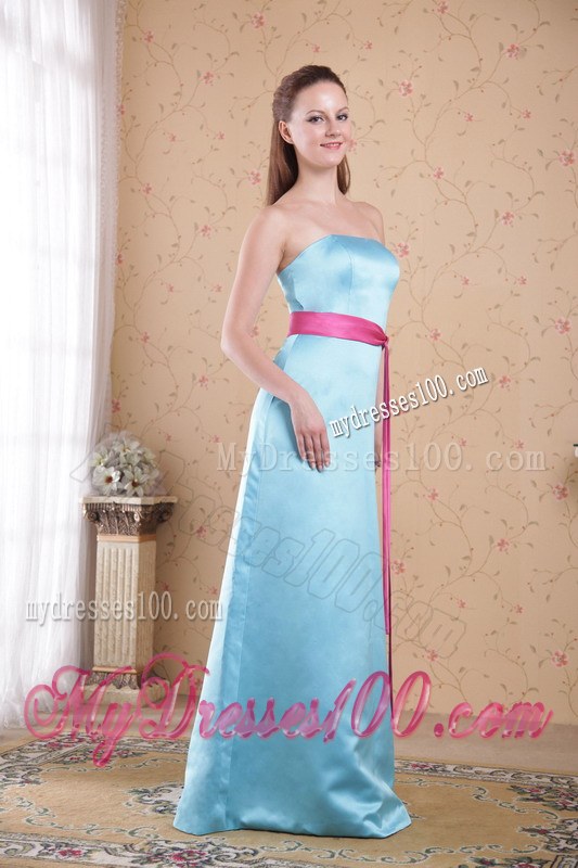 Light Blue Empire Strapless Brush Sash Decorate Bridesmaid Dress