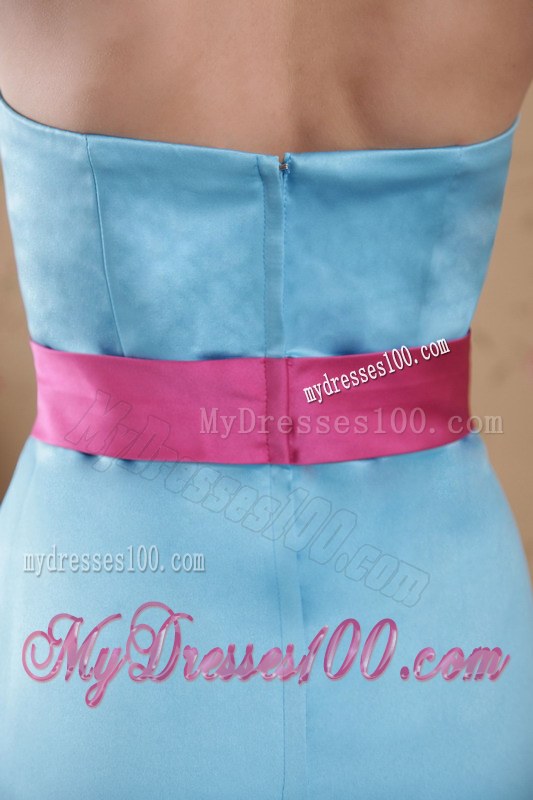 Light Blue Empire Strapless Brush Sash Decorate Bridesmaid Dress