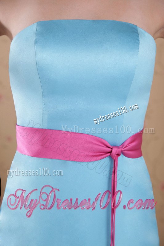 Light Blue Empire Strapless Brush Sash Decorate Bridesmaid Dress