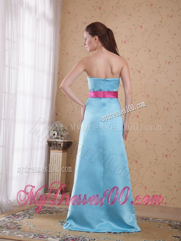 Light Blue Empire Strapless Brush Sash Decorate Bridesmaid Dress
