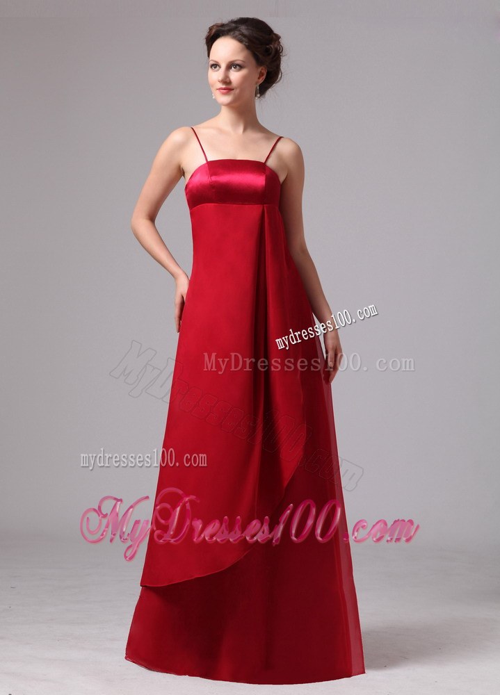 Wine Red Spaghetti Straps Satin and Chiffon Simple Bridesmaid Dress