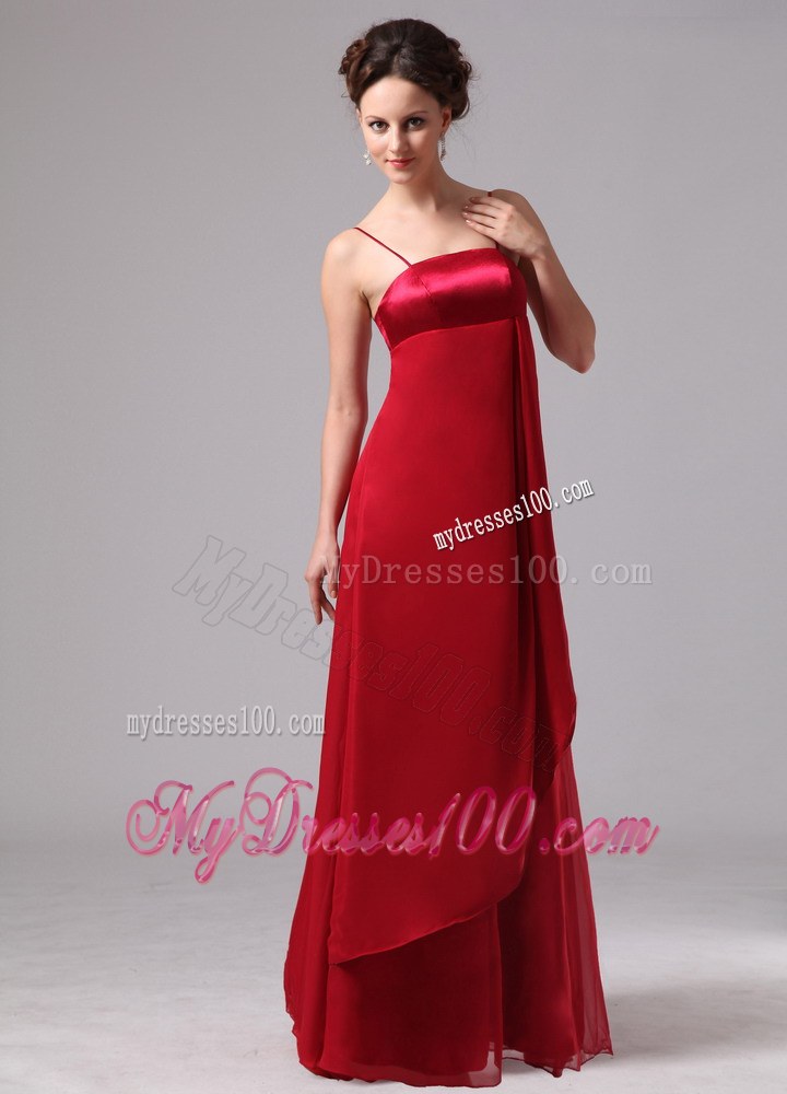 Wine Red Spaghetti Straps Satin and Chiffon Simple Bridesmaid Dress