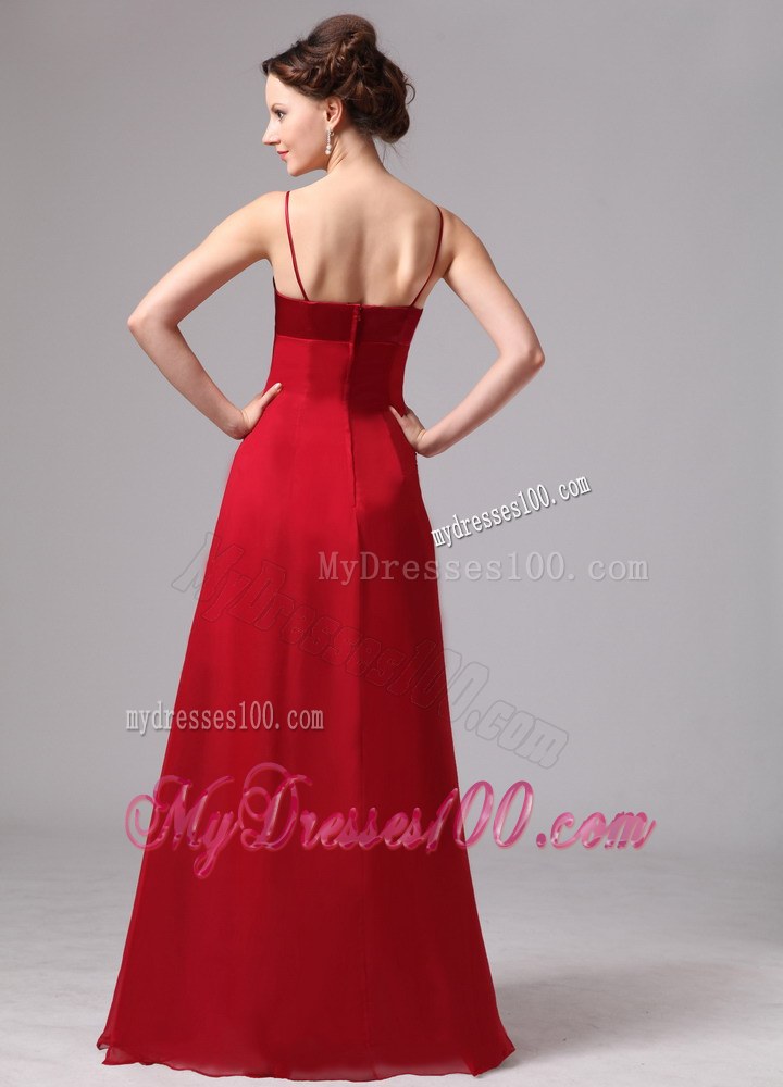 Wine Red Spaghetti Straps Satin and Chiffon Simple Bridesmaid Dress