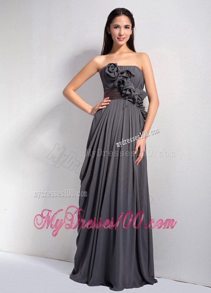 Modest Dark Grey Empire Chiffon Bridesmaid Dress With Flowers