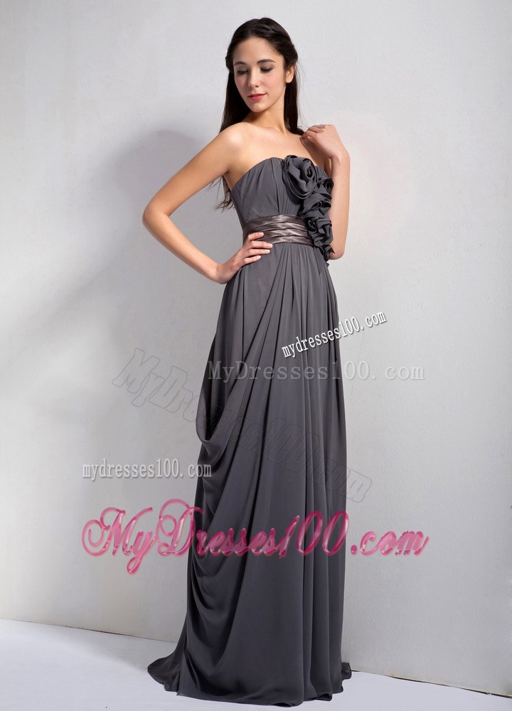 Modest Dark Grey Empire Chiffon Bridesmaid Dress With Flowers