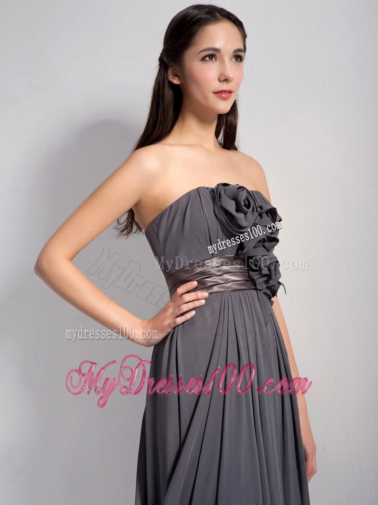 Modest Dark Grey Empire Chiffon Bridesmaid Dress With Flowers
