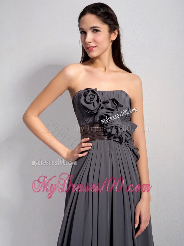 Modest Dark Grey Empire Chiffon Bridesmaid Dress With Flowers