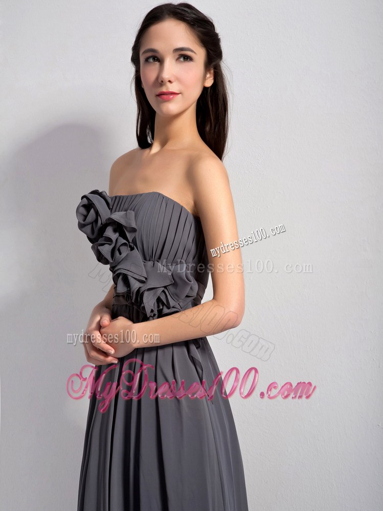 Modest Dark Grey Empire Chiffon Bridesmaid Dress With Flowers